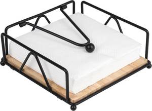 lot 50913 image: Napkin Holder for Table, Metal and Wood Napkin Holder, Weighted Napkin Holders for Paper Napkins, for Kitchen Counter, Dining Table (Black) - Retail $14