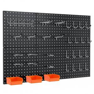 lot 50920 image: Hogurity Peg Board, 70PCS Heavy Duty Metal Pegboard with Hooks, 6 Pack Black Peg Board Panels, 50lbs Load Capacity Each, Pegboard Wall Organizer for Garage, Workshop, Craft Rooms Total 24 x 36 - Retail $40