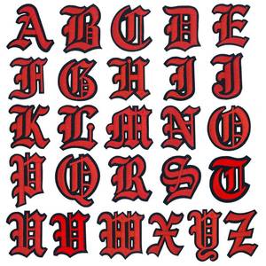 lot 58061 image: Red Gothic Iron on Old English Letter Patches A-Z 2 Embroidered Heat TransferSew on Varsity Initial Vintage Alphabet Felt Letters Monogram Custom Name Patch for Clothing Letterman Jacket - Retail $12