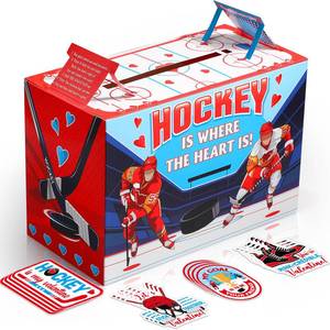 lot 58069 image: Pasimy Valentine Card Box with 32 Cards Party Mailbox Set for School Classroom Exchange Party Favors, 1 Mailbox, 33 Valentine Cards(Hockey) - Retail $15