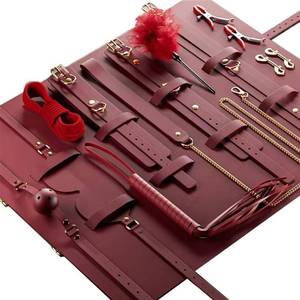 lot 58076 image: Luxury BDSM Bondage Restraints Set 13PCS Royal Wine Red Leather Accessories with Handcuffs, Collar, Rope, Ball Gag, Whip & Blindfold  Elegant Storage Bag for Couples - Retail $19