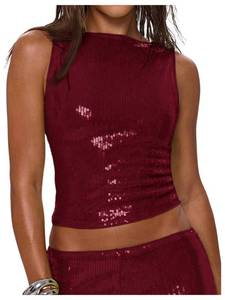 lot 58115 image: MakeMeChic Womens Sparkly Sequin Tops Y2k Sleeveless Crop Going Out Rave Tops Clubwear Burgundy Small - Retail $36
