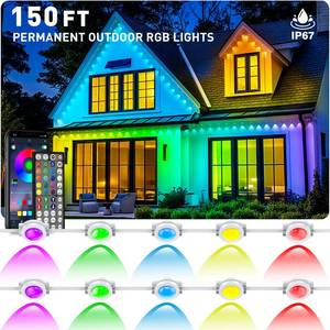 lot 58126 image: 150FT Permanent Outdoor RGB Lights - Waterproof Smart LED Eaves Lights with AppRemote Control, Music Sync & DIY Scenes, Perfect for Christmas, Halloween, Parties & Daily Decor, Ideal for House Roof - Retail $40