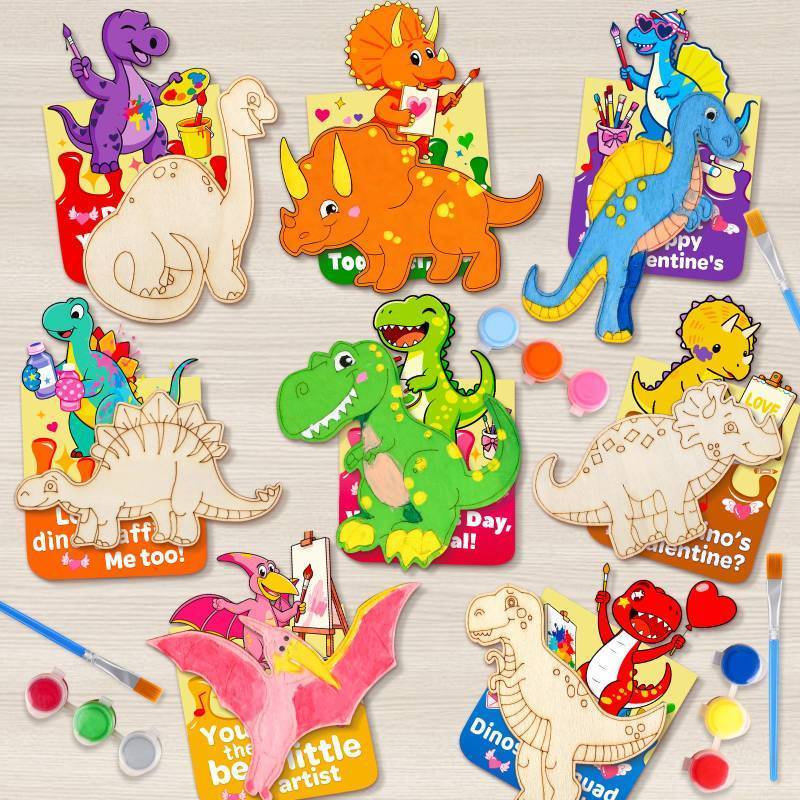 lot 50814 image: FUNID Dinosaur Valentines Day Gifts for Kids - 32 PCS Valentines Cards Classroom with Art Supplies - Dinosaur Wood Painting Kits for School Preschool Gift Prizes Exchanges - Boy Valentine Party Favors - Retail $13