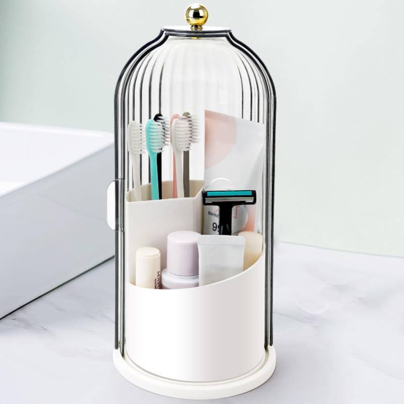 lot 50818 image: QIYVLOS Toothbrush Holders with Sliding Lid, Rotating 3 Slots Bathroom Organizer Countertop, Tooth Brush Toothpaste Holder Bathroom Counter Stand Sink Organizer Caddy for Vanity Makeup Brushes Holder - Retail $19