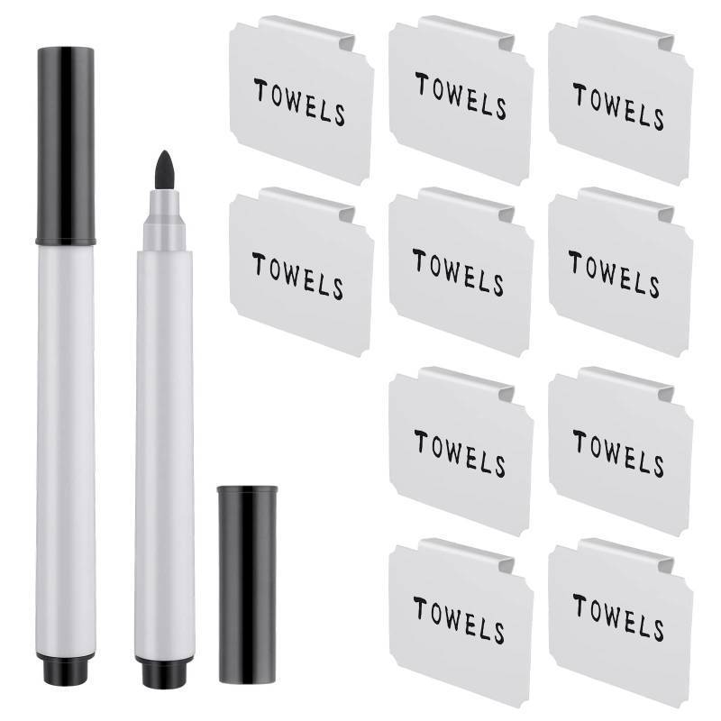 lot 58802 image: 12 Pieces Basket Labels Clip on Set, Include 10 Pieces Kitchen Clip Label Holder Removable Pantry Basket Labels with 2 Pieces Black Chalk Marker for Storage Bins Organization Box (White) - Retail $8