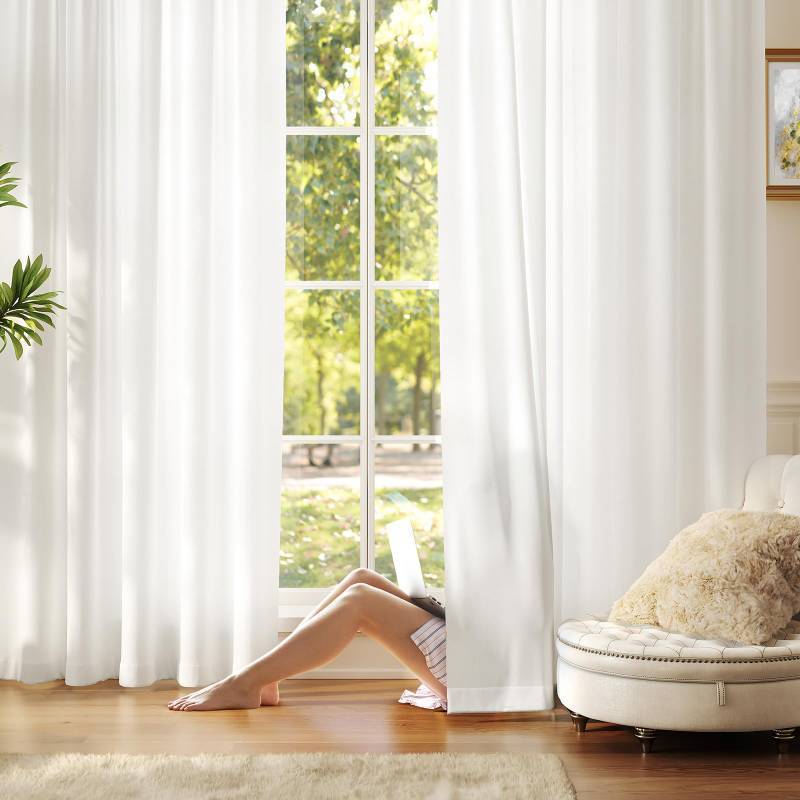 lot 61542 image: Anmao Non-See-Through Off White Privacy Semi Sheer Curtains for Living Room 80 Inch Length 2 Panels Set, Light Filtering That Let Light in Rod Pocket Window Drapes for Bedroom, 40W x 80L, Ivory White - Retail $27