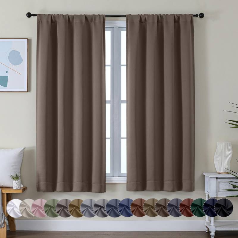 lot 61557 image: Simplebrand Ava Brown Blackout Curtains for Bedroom 63 Inch Length 2 Panels Set, Solid Thermal Insulated Energy Saving Rod Pocket Window Treatment Curtains Blackout Drapes, W40 x L63 Inch, Brown - Retail $15