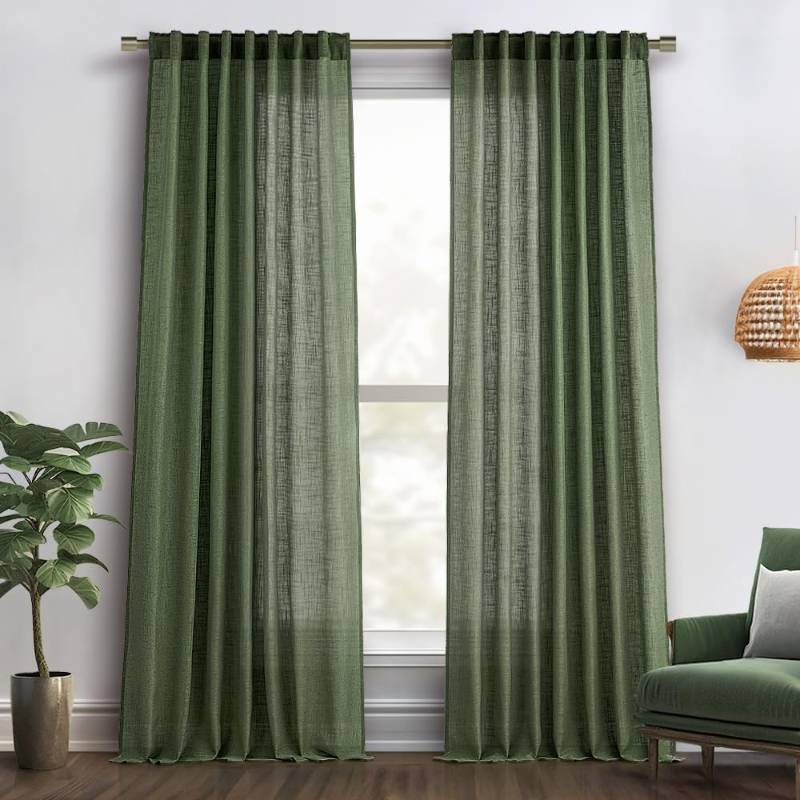lot 61582 image: MIULEE Olive Green Linen Curtains 84 Inches Long 2 Panels for Bedroom Living Room, Back Tab & Pleat Tape with Hooks Soft Thick Linen Textured Window Drapes Semi Sheer Light Filtering Farmhouse Decor - Retail $27