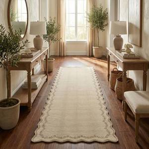 lot 22692 image: GarveeHome 2.5x8 Scalloped Washable Runner Rug for Kitchen, Soft Jute Long Hallway Runner Non Slip Entryway Rug Farmhouse Thin Laundry Mat Stain Resistant Carpet for Bathroom Beside Rug - Retail $43