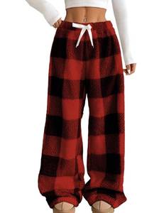 lot 22694 image: Wyeysyt Women Fuzzy Pajama Pants Elastic Waist Wide Leg Leopard Pant Pj Bottoms Lounge Fluffy Pants(RedPlaid-L)