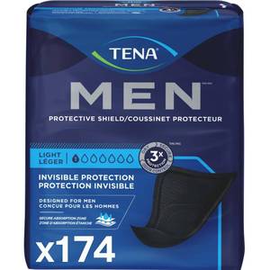 lot 45735 image: Tena Men Light Incontinence Protective Shield for Men, Bladder Control, Discrete, Light Absorbency, 174 Count - Retail $34