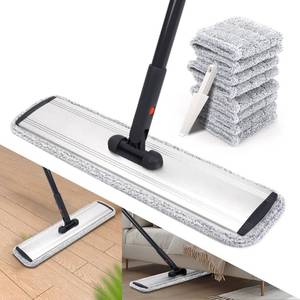 lot 45741 image: Professional Microfiber Mop Large Flat Mops for Floor Cleaning 4 Reusable Washable mop Pads Hardwood Cleaning System Wet and Dust Mop with 61in Long Stainless Steel Handle 18 peice - Retail $29
