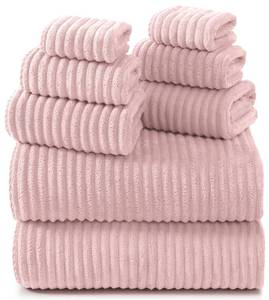 lot 45750 image: REDKISS Pink Microfiber Bath Towels Set 6 Piece - 70x35 Inches Bathroom Towels of 8 Large, Oversized Bath Towel with 2 Hair Towel Wrap, Highly Absorbent Soft Shower Towels for Bathroom, Hotel, Gym - Retail $32