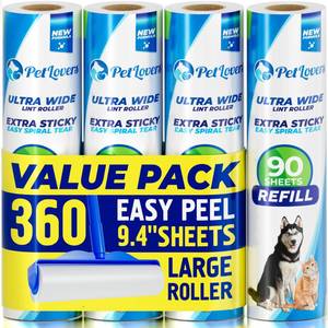 lot 45771 image: PetLovers Extra Sticky Floor Lint Roller 4 Pack of Refills Only - No Handles Included - 90 Sheets Per Refill 360 Sheets Total - Retail $20