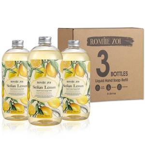 lot 45778 image: ROMIIE ZOI Lemon Scent Liquid Hand Soap Refills - Natural, Gentle & Moisturizing Formula - Family Size 3 Pack, Ideal for Liquid Soap Dispensers in Kitchen & Bathroom - Retail $26