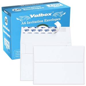 lot 45779 image: ValBox 100 Qty A6 Envelopes Self Seal 6.5 x 4.75 White Kraft Paper Invitation Envelopes for 4x6 Cards, Photos, Invitations, Weddings, Baby Shower, Birthday, Announcements, RSVP (A6) - Retail $13
