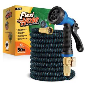 lot 45800 image: Flexi Hose Expandable Garden Hose with 8 Function Nozzle, 50FT - Lightweight Retractable Garden Hose, Water Hose - No-Kink Flexibility, 34 Inch Solid Brass Fittings and Double Latex Core - Retail $50