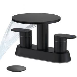 lot 45805 image: Bathroom Sink Faucet 3 Hole Matte Black Waterfall Bathroom Faucet 4 Inch Centerset with Pop-Up Drain 2 Handles Stainless Steel faucets with Round Shelf for Vanity Sink, Rv - Retail $55