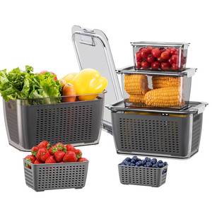 lot 45807 image: LUXEAR 4 Pack Fruit Containers for Fridge, Vegetable Storage Container with Lids &Removable Colander Produce Saver Organizer for Refrigerator Keep Fruit, Veggie, Berry, Meat Fresh Longer-Grey - Retail $40