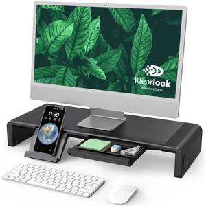 lot 45820 image: Klearlook Computer Monitor Stand for Desk, Adjustable Foldable Monitor Riser with Storage Drawer & Tablet Phone Holder for Office, Home, Laptop, Desktop (Black) - Retail $33