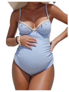 lot 45834 image: OYOANGLE Womens Maternity One Piece Swimsuits Textured Shell Decor V Neck Pregnancy Bathing Suit Blue X-Large - Retail $36