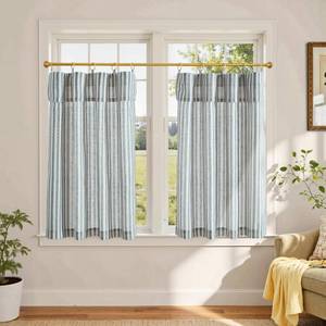 lot 45835 image: Jinchan Striped Linen Kitchen Curtains with Attached Valance 36 Inch Length Cafe Tier Curtains for Living Room Rustic Half Window Light Filtering Rod Pocket Small Drapes 2 Panels Blue - Retail $26