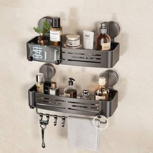 lot 45846 image: VOLPONE Shower Caddy Suction Cup No Drilling Suction Cup Shower Shelf Aluminum Bathroom Shower Organizer Storage Rack Adhesive with Towel Bar Hooks (2-Pack, Matte Gray) - Retail $74