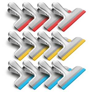 lot 45851 image: HOUSE AGAIN 12 Pack Stainless Steel Chip Bag Clips Covered with Silicone - NO More Sharp Edges - Color Coded for Food Bags - Air Tight Seal, Heavy Duty for Kitchen and Office, 3 Inches - Retail $13