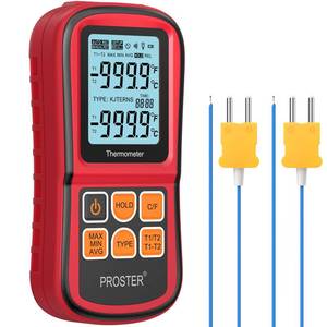 lot 45857 image: Proster Digital Thermocouple Temperature Thermometer Dual Channel - with Two K-Type Thermocouple Probe, Backlight LCD Thermometer for K J T E R S N Type - Retail $24