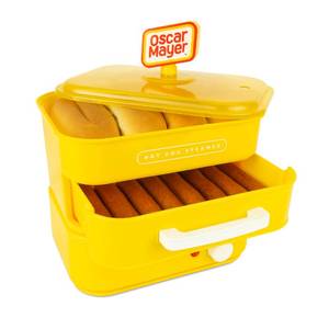 lot 61598 image: Nostalgia Oscar Mayer Diner-Style Hot Dog Steamer and Bun Warmer, 8 Hot Dog and 4 Bun Capacity, Steam Bratwursts, Sausages, Vegetables, Fish, Dumplings, Yellow - Retail $35