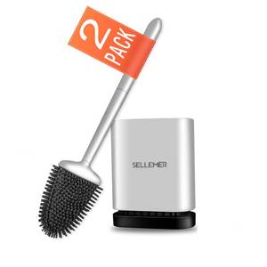 lot 61617 image: Sellemer Toilet Brush and Holder Set for Bathroom, Flexible Toilet Bowl Brush Head with Silicone Bristles, Compact Size for Storage and Organization, Ventilation Slots Base (2 Pack, Silver) - Retail $21