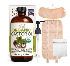lot 9226 image: Castor Oil Pack Wrap Kit USDA Organic, 16 oz Cold-Pressed Hexane-Free Castor Oil in Glass Bottle