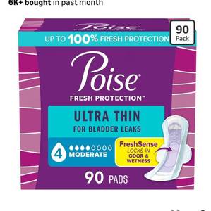 lot 9307 image: Poise Ultra Thin Incontinence & Postpartum Pads with Wings for Bladder Leaks, 4 Drop Moderate Absorbency, Regular Length, 90 Count,