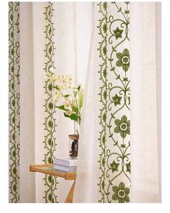 lot 9313 image: Sage Green Boho Curtains 2 Panels for Living Room Vintage Floral Linen Curtains 84 Inches Long