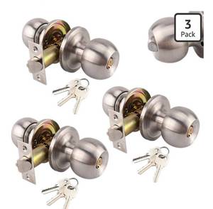 lot 9332 image: 3 Pack Stainless Ball Door Knobs with Lock and Key - Round Ball Entry Lock InteriorExterior Door Knob