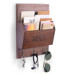 lot 9382 image: DLQuarts Mail Organizer with Key Holder for Wall Decorative Mail Sorter Wall Mounted, Wooden Mail Holder with 3 Hooks, Dark Brown