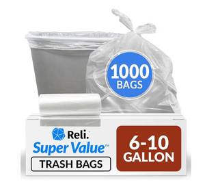lot 9387 image: Reli. 6-10 Gallon Trash Bags  1000 Bags  Clear  Bathroom  Strong  Garbage