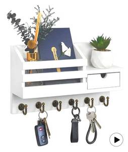 lot 9408 image: FifthQuarter Key Holder Wall Mount Key and Mail Holder for Wall with 6 Hooks and Storage Drawer