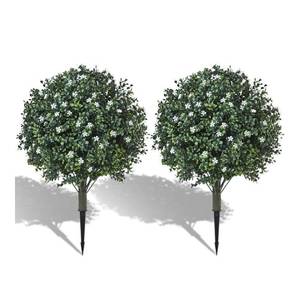 lot 9410 image: 24 Artificial Boxwood Topiary Ball Bush with White Flowers, Set of 2 Artificial Shrub Bushes