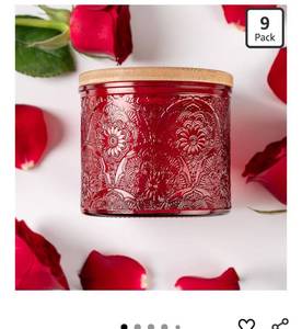 lot 9411 image: 10 oz Embossed Glass Candle Container with Bamboo Lids and Labels, Red Candle Jars