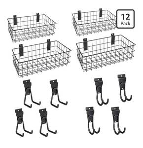 lot 9417 image: 12 Pack Slatwall Organizer Kit with 4 PCs Slatwall Baskets (10.5 to 13.5 Inches) and 8 PCs Slat Wall Hooks Heavy Duty,