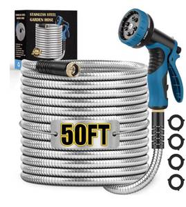 lot 9423 image: Metal Garden Hose 50FT, Stainless Steel Water Hose with 10 Function Nozzle,