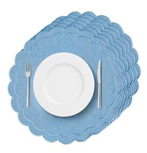 lot 9437 image: Set of 6 Blue Cotton Linen Placemats, 15x15 Scalloped Flower Embroidery Cloth Table Mats