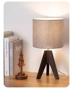 lot 9450 image: EDISHINE Boho Small Table Lamp, Walnut Color Wooden Tripod Bedside Lamp