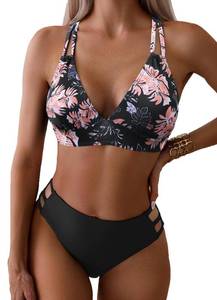 lot 9518 image: Fanuerg Womens V Neck Bikini Sets Hollow Out Push Up Swimsuit Criss Cross Back Two Piece Bathing Suit Black Floral L