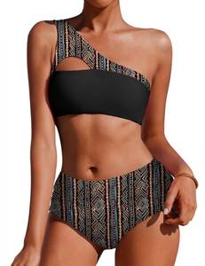 lot 9520 image: AIMAGE Womens Bikini Sets Reversible Wear Cutout One Shoulder Top with Mid Waist Two Piece Bathing Suit Black Striped XL