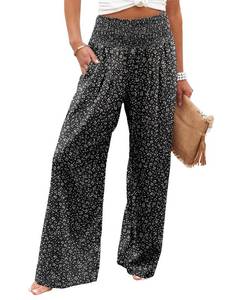lot 9521 image: Angerella Floral Black Pants for Women High Waisted Business Casual Wide Leg Work Pants Loose Flowy Summer Beach Pants XL