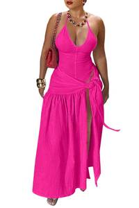 lot 9524 image: Womens Summer 2 Piece Maxi Skirt Sets Sexy Halter V Neck Backless Thong Bodysuits Wrap Beach Cover Ups Vacation Outfits Hot Pink