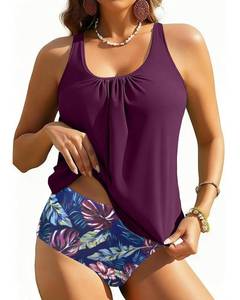 lot 9526 image: Yonique Women Two Piece Tankini Blouson Swimsuit Bathing Suits Racerback Swim Tank Tops with Bottoms Tummy Control Swimwear Purple Leaf L